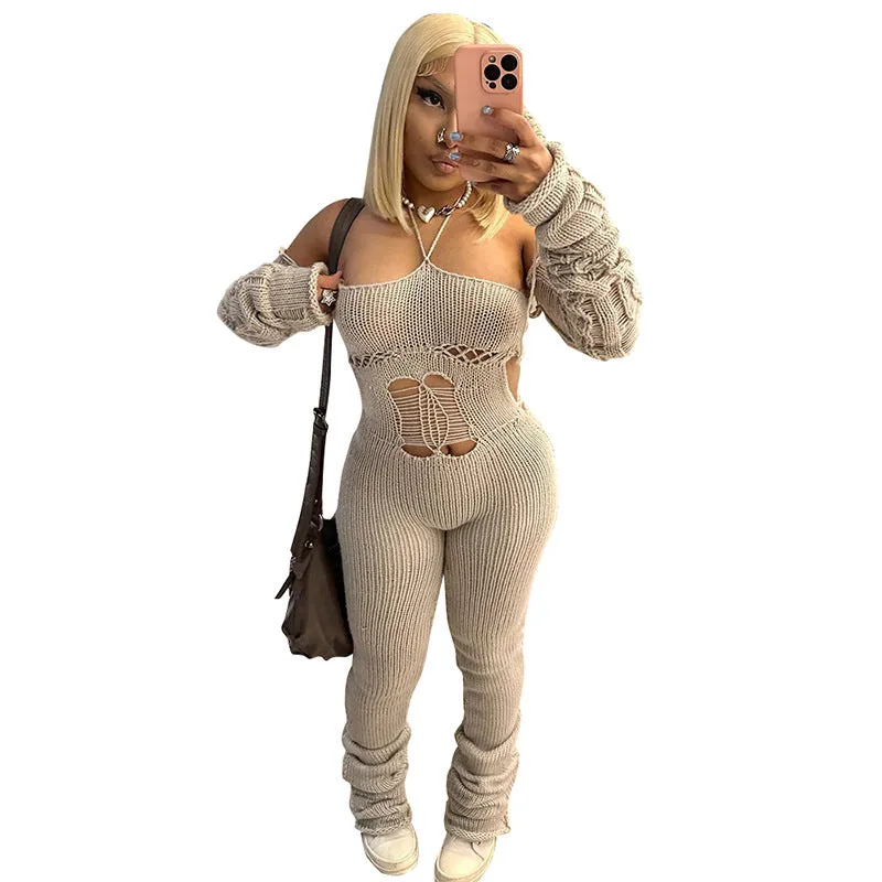 F5031 2023 Autumn and Winter New Woolen Oversleeve Halter Lace-up Hollow Jumpsuit Pile Pants