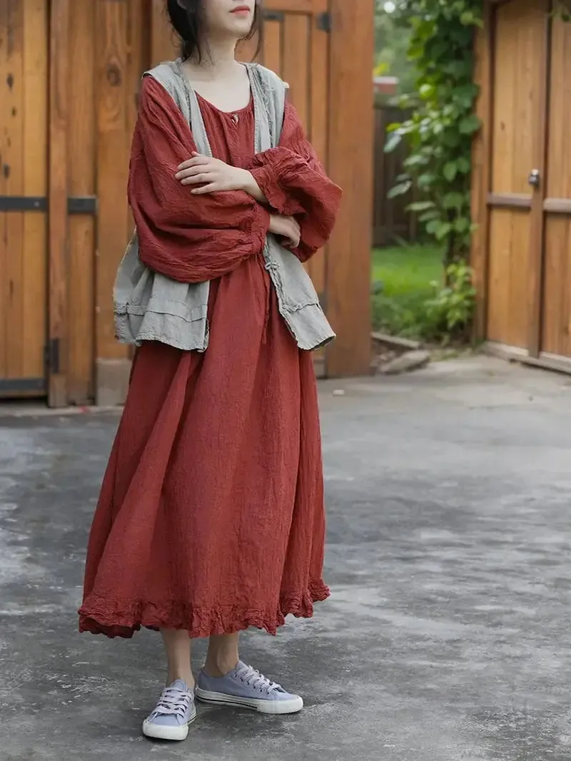 Linen Maxi Dress with Pockets - Loose Fit Women's Robe