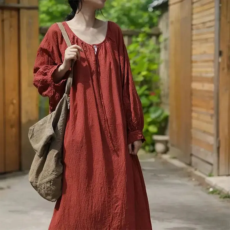 Linen Maxi Dress with Pockets - Loose Fit Women's Robe