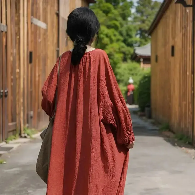 Linen Maxi Dress with Pockets - Loose Fit Women's Robe