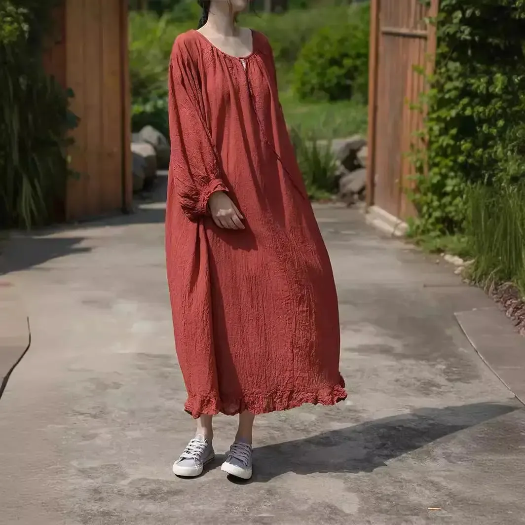 Linen Maxi Dress with Pockets - Loose Fit Women's Robe