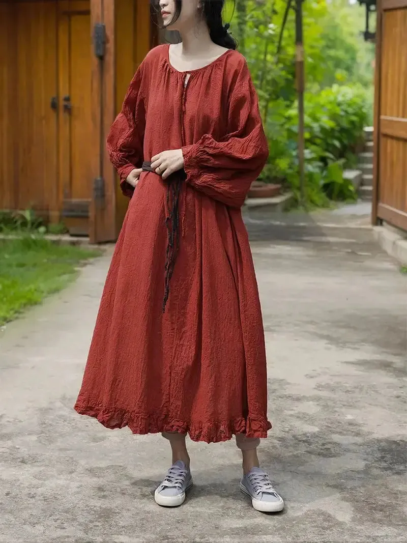 Linen Maxi Dress with Pockets - Loose Fit Women's Robe